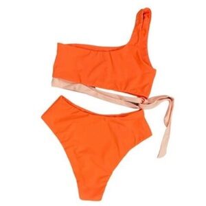 Cupshe Neon Orange Two‎ Piece Bikini Swimsuit High Waist Bottom Pool Small NWOT